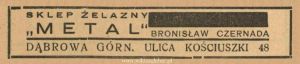Reklama 1938 Dąbrowa Górnicza Sklep Żelazny Metal Bronisław Czernada 01.jpg
