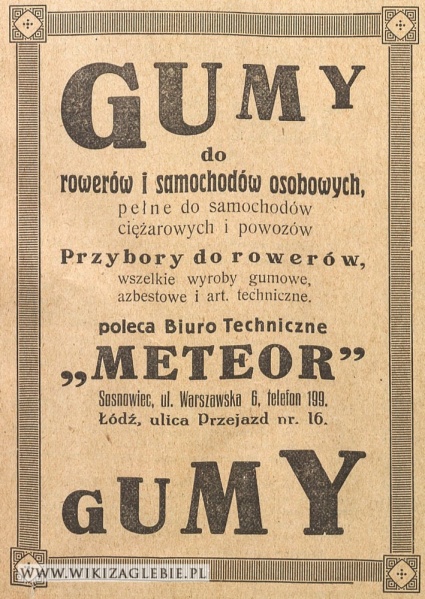 Plik:Reklama-1922-Sosnowiec-Meteor-Gumy-do-rowerów.jpg