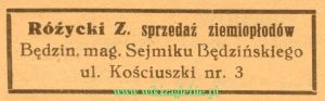 Reklama 1937 Będzin Sprzedaż Ziemiopłodów Z. Różycki 01.jpg