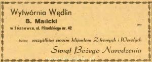 Reklama 1945 Sosnowiec Wytwórnia Wędlin B. Malicki 01.JPG