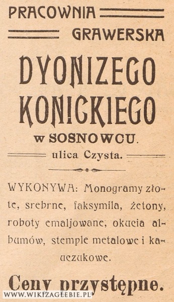 Plik:Reklama 1913 Sosnowiec Pracownia Grawerska Konicki.jpg