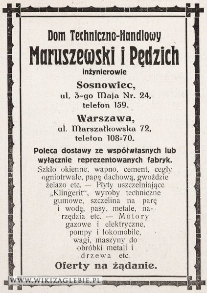Plik:Reklama-1922-Sosnowiec-Maruszewski-Pędzich-Dom-Techniczno-Handlowy.jpg