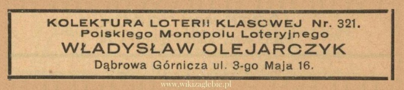Plik:Reklama 1938 Dąbrowa Górnicza Kolektura Loterii Klasowej Władysław Olejarczyk 01.jpg