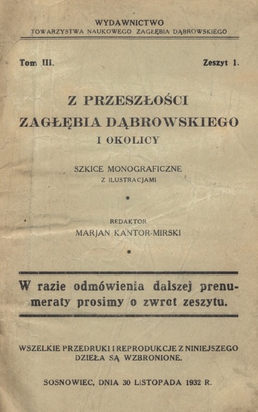 Plik:Z przeszłości Zagłębia Dąbrowskiego i okolicy - Szkice monograficzne z ilustracjami - Tom 3 - nr 01.jpg