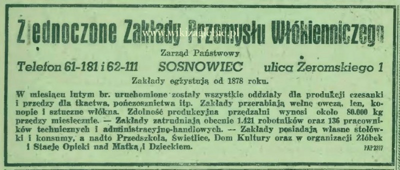 Plik:Reklama 1945 Sosnowiec Zjednoczone Zakłady Przemysłu Włókienniczego 01.JPG