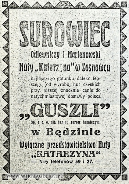 Plik:Reklama-1922-Sosnowiec-Będzin-Surowiec-Huta-Katarzyna-Guszli.jpg