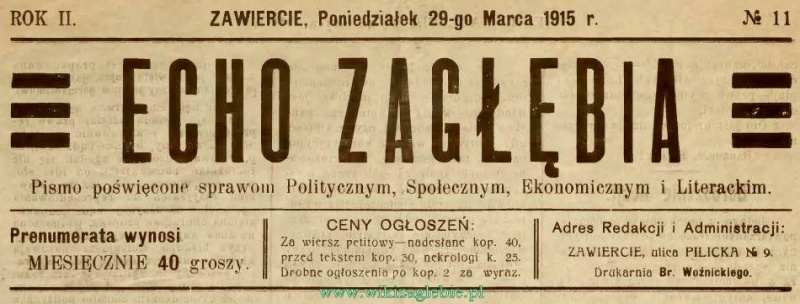 Plik:Echo Zagłębia Zawiercie nr 11 1915.03.29 winieta.JPG
