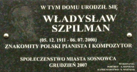 Sosnowiec (ul. Szklarniana); Miejsce Pamięci nr 38 077 - Tablica upamiętniająca Władysława Szpilmana (01).jpg