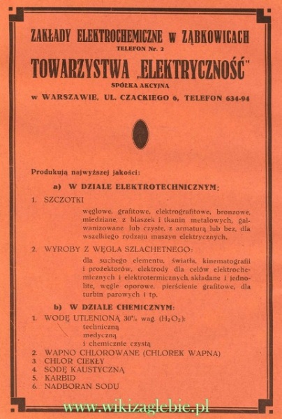 Plik:Reklama 1937 Dąbrowa Górnicza Zakłady Elektrochemiczne w Ząbkowicach Towarzystwa Elektryczność SA 01.jpg
