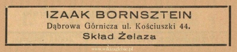 Plik:Reklama 1938 Dąbrowa Górnicza Skład Żelaza Izaak Bornsztein 01.jpg