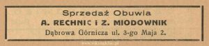 Reklama 1938 Dąbrowa Górnicza Sprzedaż Obuwia A. Rechnic i Z. Miodownik 01.jpg