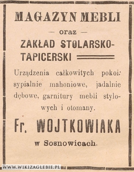 Plik:Reklama 1913 Sosnowiec zakład stolarski Wojtkowiak.jpg