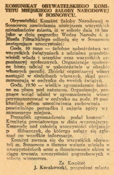 Plik:Komitet Miejski Żałoby Narodowej w Sosnowcu KZI 1935.05.18.jpg