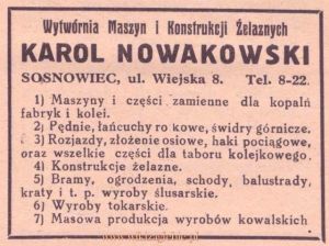 Reklama 1931 Sosnowiec Wytwórnia Maszyn i Konstrukcji Żelaznych Karol Nowakowski 01.jpg