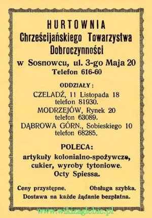 Reklama 1937 Sosnowiec Hurtownia Chrześcijańskiego Towarzystwa Dobroczynności w Sosnowcu 01.JPG