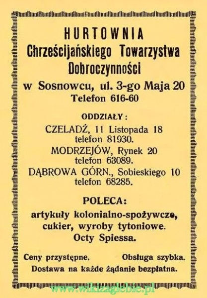 Plik:Reklama 1937 Sosnowiec Hurtownia Chrześcijańskiego Towarzystwa Dobroczynności w Sosnowcu 01.JPG