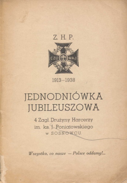 Plik:Jednodniówka jubileuszowa 4 Zagł. Drużyny Harcerzy im. ks. J. Poniatowskiego w Sosnowcu 1913-1938.jpg