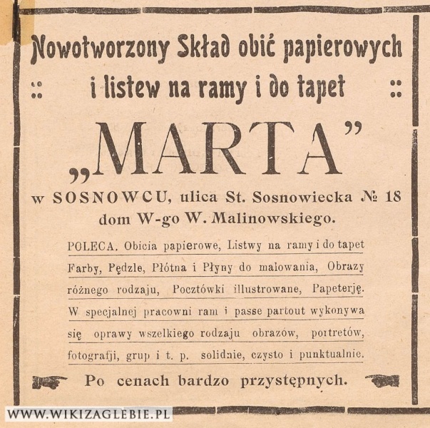 Plik:Reklama 1913 Sosnowiec Skład obić papierowych Marta.jpg