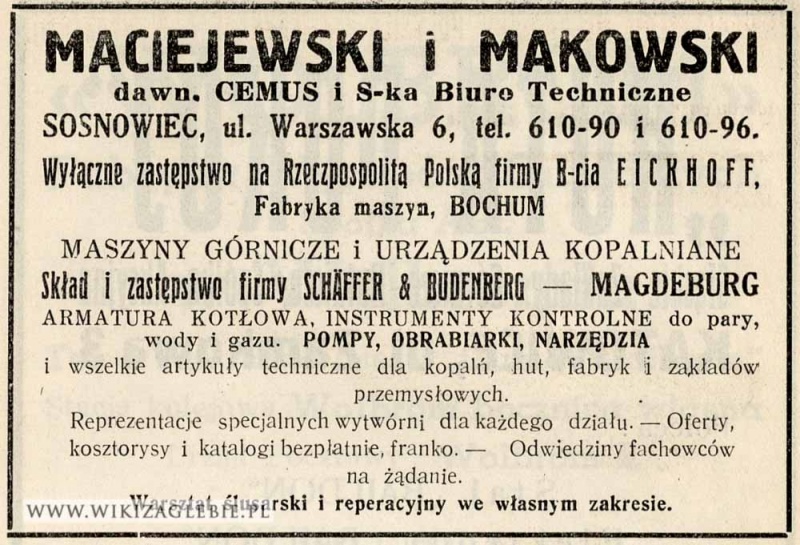 Plik:Reklama 1938 Sosnowiec Maciejewski Makowski Cemus Maszyny Górnicze.jpg