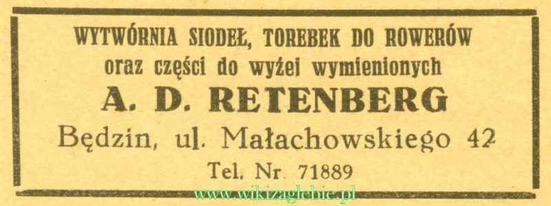 Plik:Reklama 1937 Będzin Wytwórnia Siodeł i Torebek do Rowerów A.D. Retenberg 01.jpg