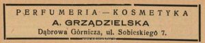 Reklama 1938 Dąbrowa Górnicza Perfumeria-Kosmetyka A. Grządzielska 02.jpg
