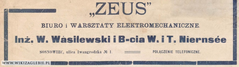 Plik:Reklama 1913 Sosnowiec Warsztaty Elektromechaniczne Zeus.jpg
