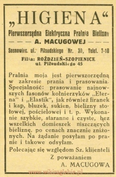 Plik:Reklama 1931 Sosnowiec Pralnia Bielizny Higiena A. Macugowa 01.jpg