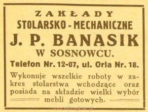 Reklama 1931 Sosnowiec Zakłady Stolarsko-Mechaniczne J.P. Banasik 01.jpg