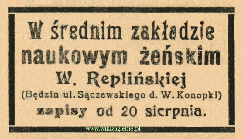 Plik:Reklama 1914(2) Będzin Szkoła Średnia Żeńska W. Replińska 01.JPG