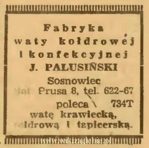 Reklama 1945 Sosnowiec Fabryka Waty Kołdrowej J. Palusiński 01.JPG
