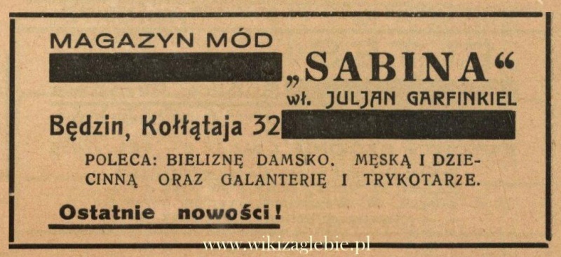 Plik:Reklama 1938 Będzin Magazyn Mód Sabina Julian Garfinkiel 01.jpg