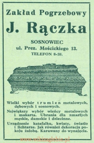 Plik:Reklama 1931 Sosnowiec Zakład Pogrzebowy J. Rączka 01.jpg