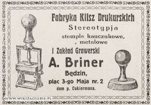 Reklama-1922-Będzin-Briner-Fabryka-Klisz-Drukarskich.jpg