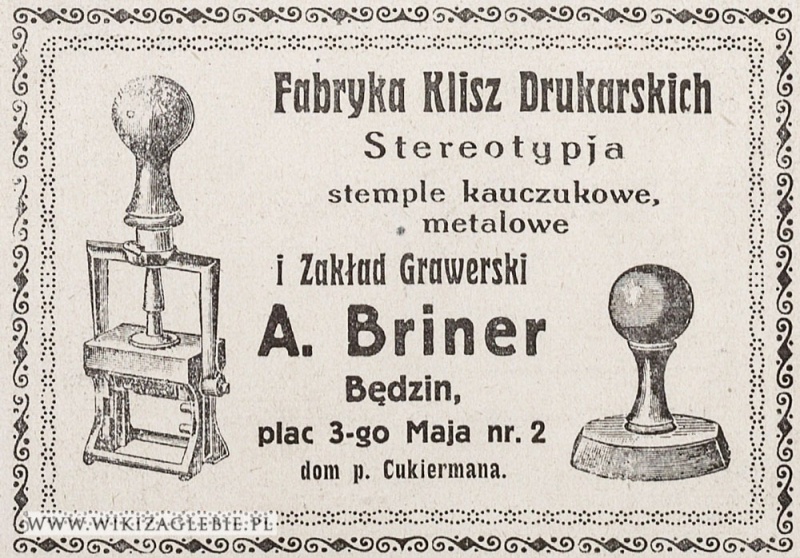 Plik:Reklama-1922-Będzin-Briner-Fabryka-Klisz-Drukarskich.jpg