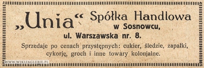 Plik:Reklama 1922 Sosnowiec Unia Spółka Handlowa.jpg