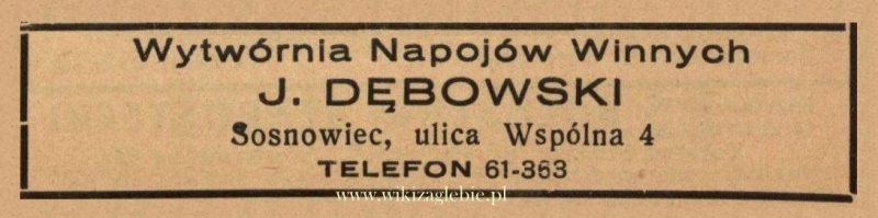 Plik:Reklama 1938 Sosnowiec Wytwórnia Napojów Winnych J. Dębowski 01.jpg