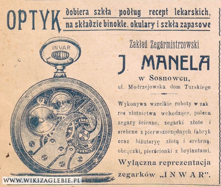 Plik:Reklama 1913 Sosnowiec Optyk-Zegarmistrz Manela.jpg