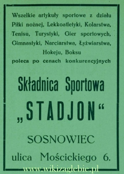Plik:Reklama 1934 Sosnowiec Składnica Sportowa Stadjon 01.jpg