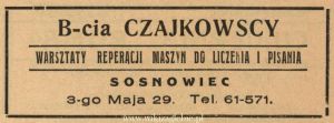 Reklama 1938 Sosnowiec Warsztaty Reperacji Maszyn B-cia Czajkowscy 01.jpg