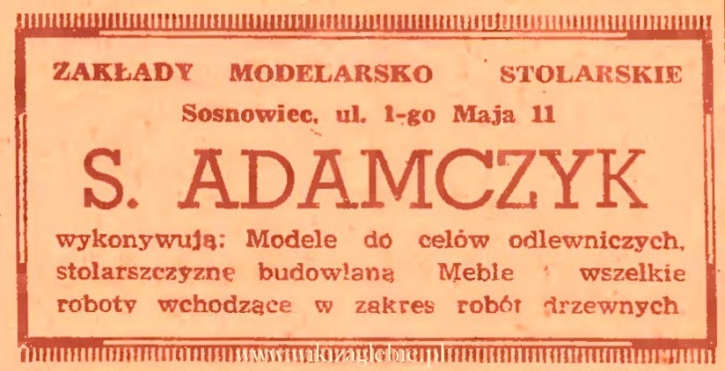 Plik:Reklama 1945 Sosnowiec Zakłady Modelarsko Stolarskie S. Adamczyk 01.JPG