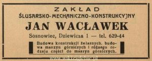 Reklama 1938 Sosnowiec Zakład Ślusarsko-Mechaniczno-Konstrukcyjny Jan Wacławek 01.jpg