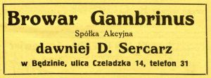 Reklama 1931 Będzin Browar Gambrinus 01.jpg