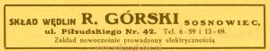 Reklama 1931 Sosnowiec Skład Wędlin R. Górski 01.jpg