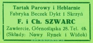 Reklama 1937 Zawiercie Tartak Parowy i Heblarnie Fabryka Beczek Dykt i Skrzyń F i Ch. Szwarc 01.jpg
