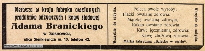 Plik:Reklama-1922-Sosnowiec-Branicki-Fabryka-owsianych-produktów.jpg