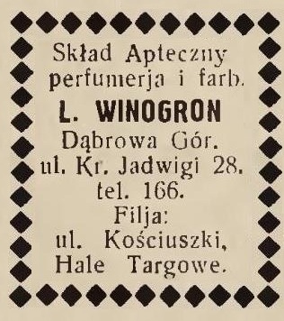 Plik:Dąbrowa Górnicza Skład Apteczny L. Winogron 1930 (01).jpg