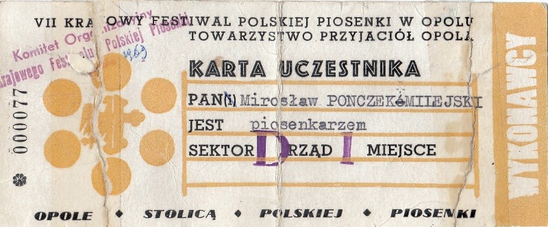 Plik:Mirosław Ponczek Karta uczestnika Festiwalu Polskiej Piosenki w Opolu.jpg