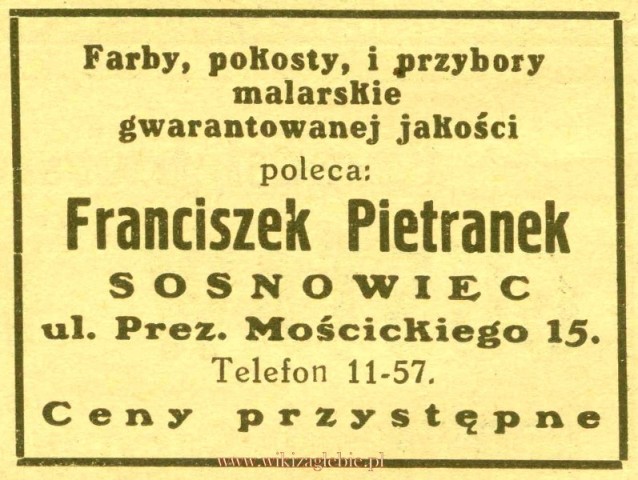 Plik:Reklama 1931 Sosnowiec Sklep Malarski Franciszek Pietranek 01.jpg