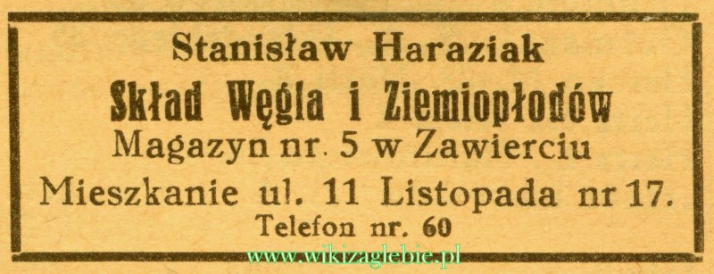 Plik:Reklama 1937 Zawiercie Skład Węgla i Ziemiopłodów Stanisław Haraziak 01.jpg
