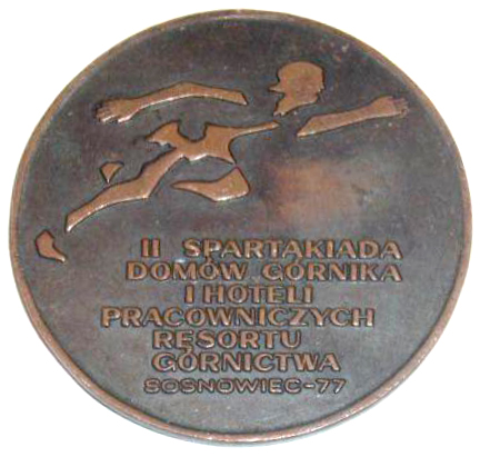 Plik:Medal z II Spartakiady Domów i Hoteli Górnika Przemysłu Wydobywczego Sosnowiec 1977 1.jpg